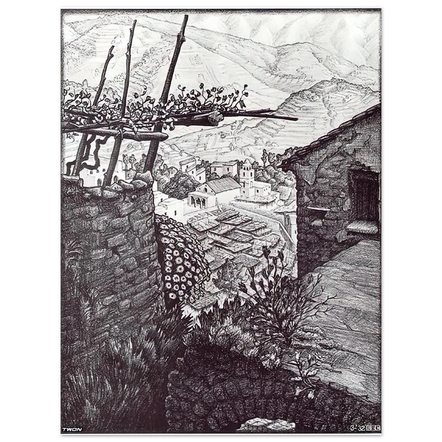 MC Escher - THE HAMLET OF TURELLO SOUTHERN ITALY Wall Art - 21x29.7 cm / 8x12" - Fine Art Poster-canvas - -