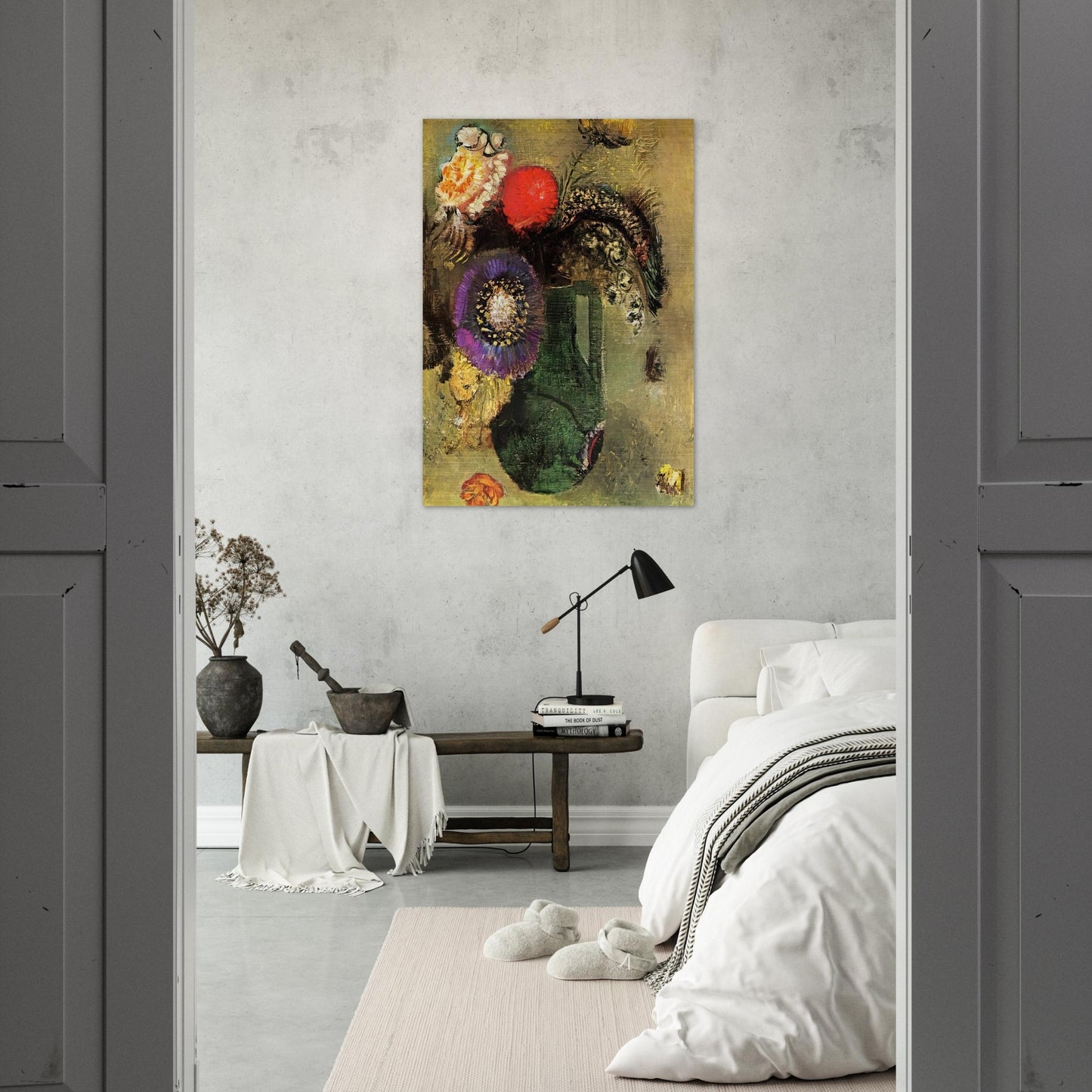 FLOWERS IN GREEN VASE WITH HANDLES - Odilon Redon Brushed Aluminum Print - 70x100 cm / 28x40 inches | Odilon Redon Aluminum Print | Odilon Redon Prints