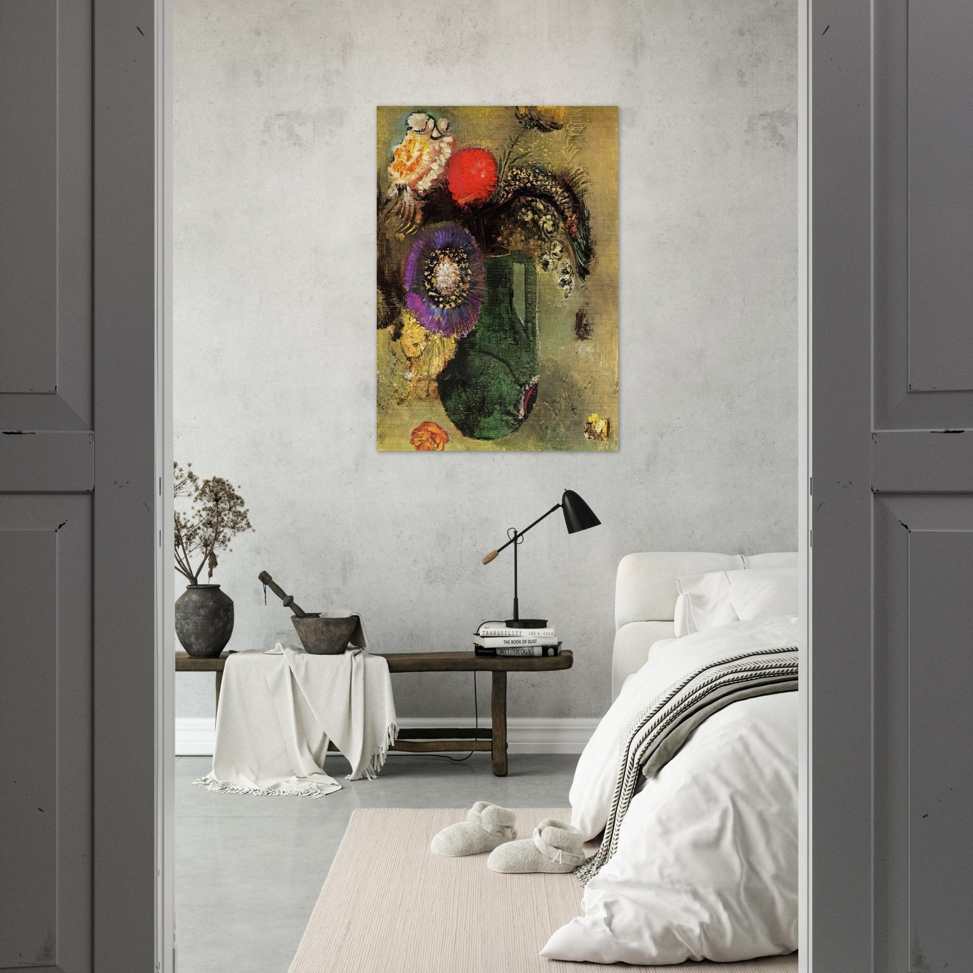 FLOWERS IN GREEN VASE WITH HANDLES - Odilon Redon Brushed Aluminum Print - 70x100 cm / 28x40 inches | Odilon Redon Aluminum Print | Odilon Redon Prints