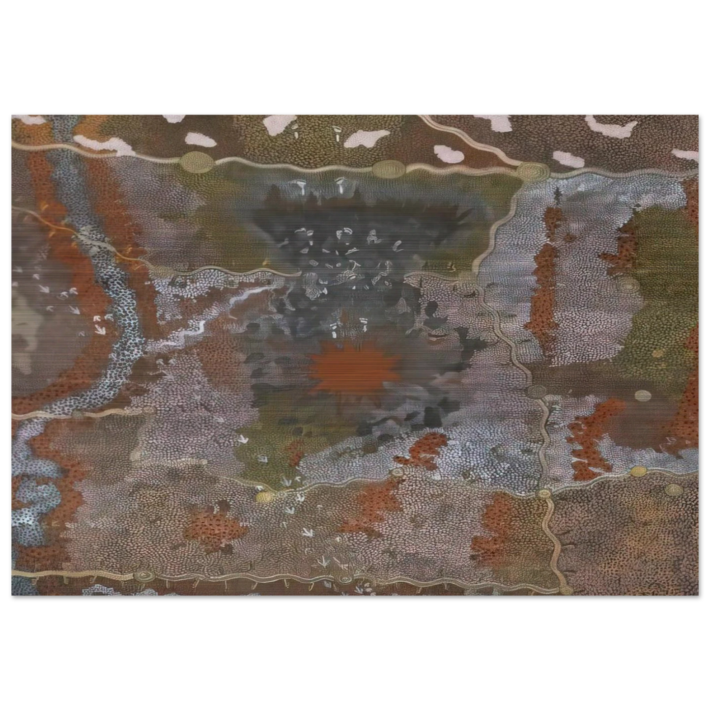 Warlugulong with Tim Leura Tjapaltjarri - 1976 - Clifford Possum Tjapaltjarri Brushed Aluminum Print - 70x100 cm / 28x40 inches | Clifford Possum Tjapaltjarri Aluminum Print | Clifford Possum Tjapaltjarri Prints