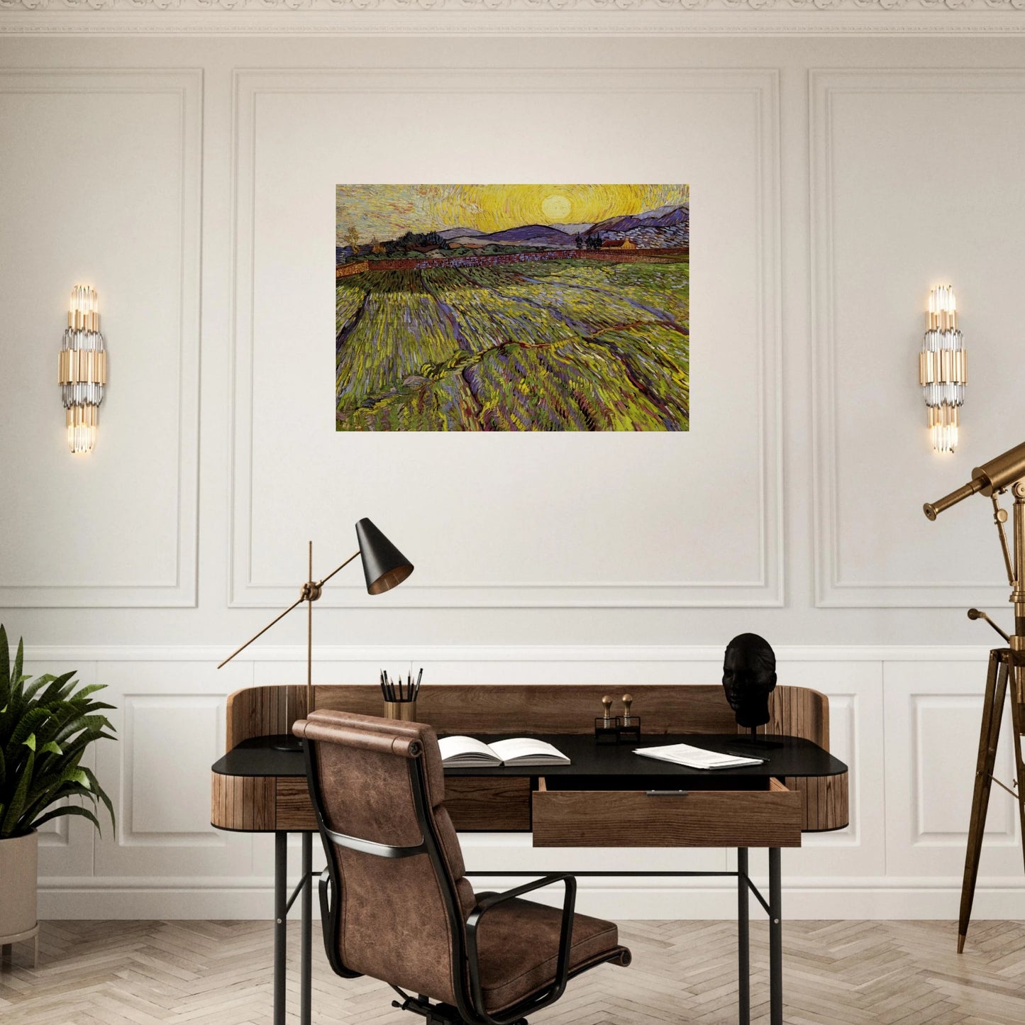 Enclosed field with rising sun - Vincent van Gogh Brushed Aluminum Print - 70x100 cm / 28x40 inches | Vincent van Gogh Aluminum Print | Vincent van Gogh Prints