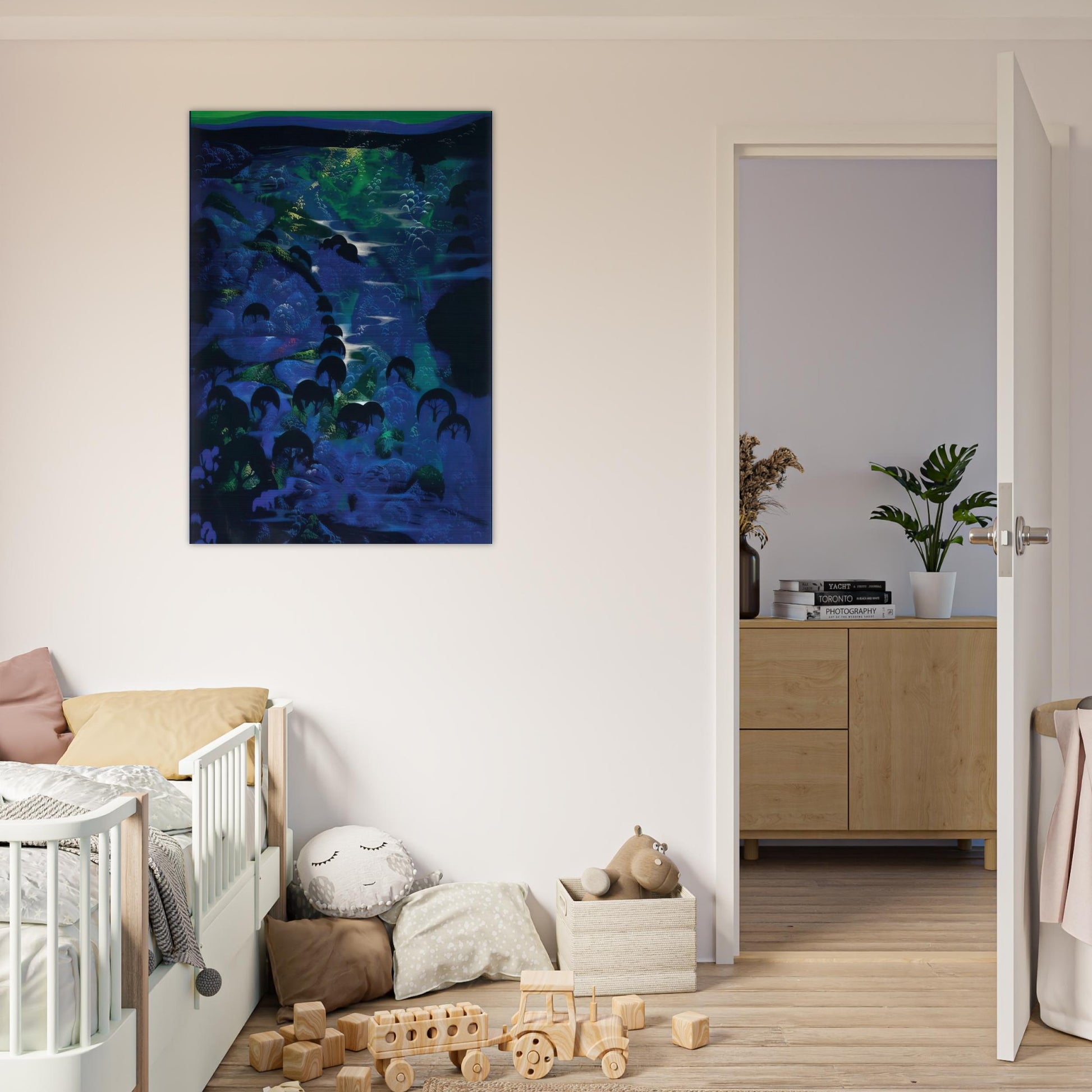 Beneath an Emerald Sky - Eyvind Earle Brushed Aluminum Print - 70x100 cm / 28x40 inches | Eyvind Earle Aluminum Print | Eyvind Earle Prints