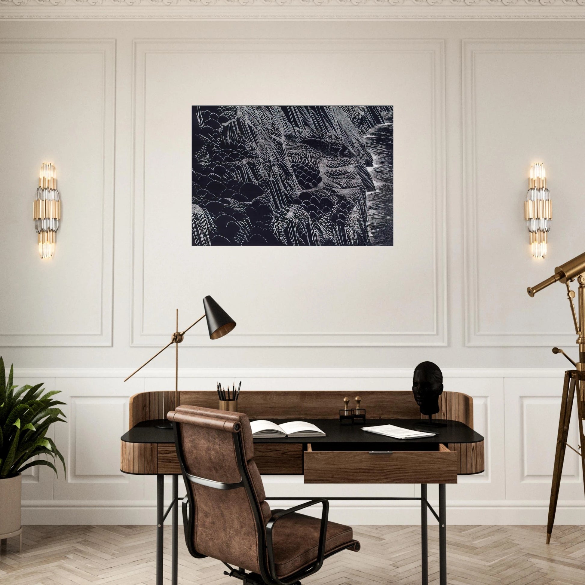 Ocean Cliffs - Eyvind Earle Brushed Aluminum Print - 70x100 cm / 28x40 inches | Eyvind Earle Aluminum Print | Eyvind Earle Prints