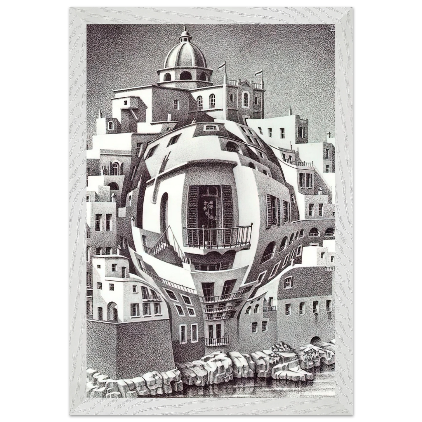 MC Escher - BALCONY Wall Art - 21x29.7 cm / 8x12" - Premium Wooden Framed Poster With Fine Art Paper-canvas - Black frame