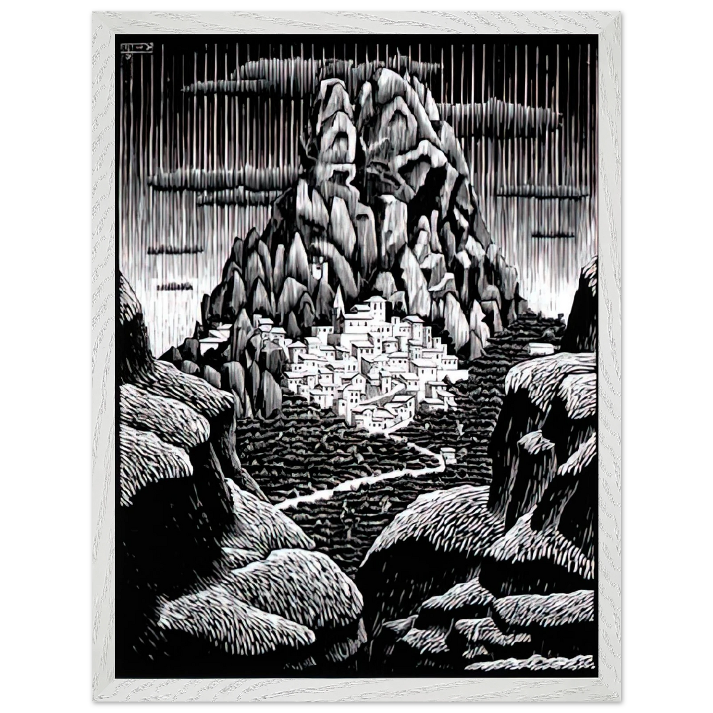 MC Escher - PENTEDATTIO CALABRIA JANUARY 1930 1930 Wall Art - 30x40 cm / 12x16 inches - Premium Wooden Framed Poster With Fine Art Paper-canvas - White frame