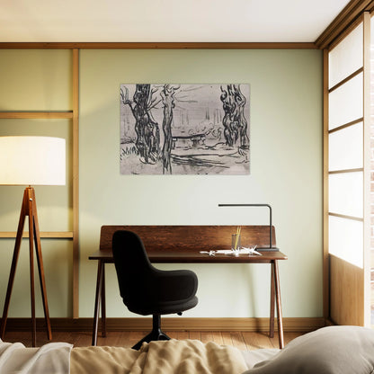 Garden of the Asylum and Tree Trunks and a Stone Bench - Vincent van Gogh Brushed Aluminum Print - 70x100 cm / 28x40 inches | Vincent van Gogh Aluminum Print | Vincent van Gogh Prints