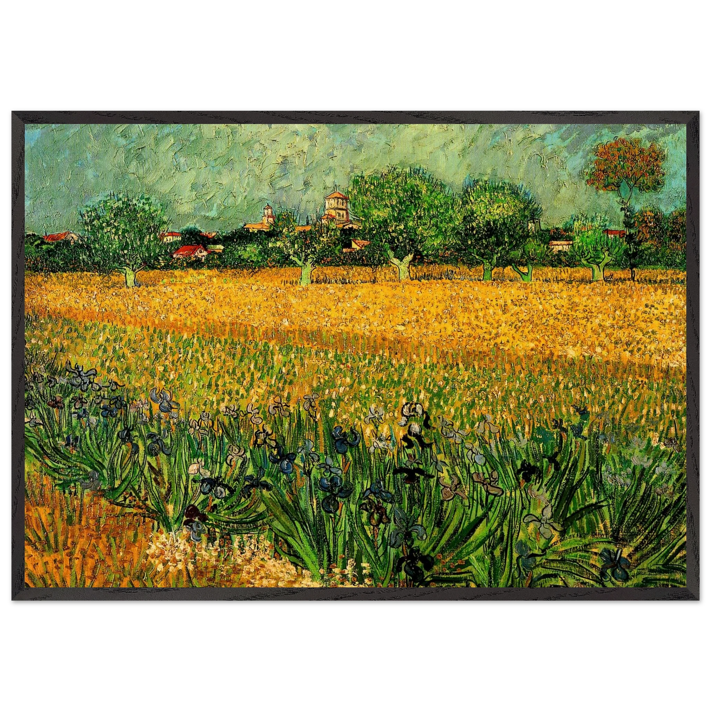 View of Arles with Irises in the Foreground - Vincent van Gogh 70x100 cm / 28x40 inches Framed Art Print – Black Wooden Frame