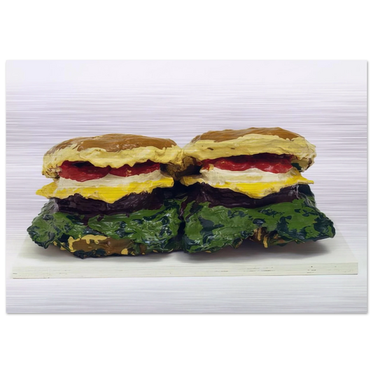 TWO CHEESEBURGERS WITH EVERYTHING DUAL HAMBURGERS 1962 - Claes Oldenburg Brushed Aluminum Print - 70x100 cm / 28x40 inches | Claes Oldenburg Aluminum Print | Claes Oldenburg Prints