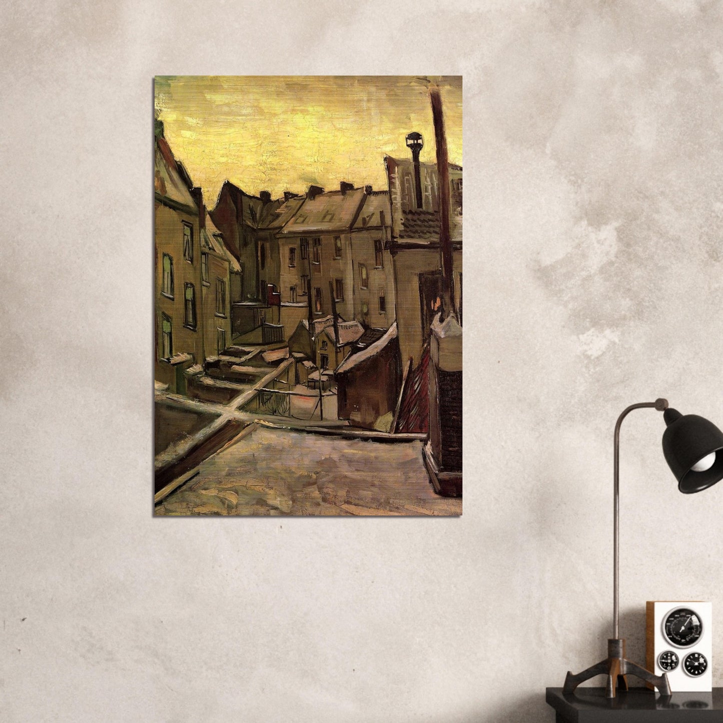 Backyards of Old Houses in Antwerp in the Snow - Vincent van Gogh Brushed Aluminum Print - 70x100 cm / 28x40 inches | Vincent van Gogh Aluminum Print | Vincent van Gogh Prints