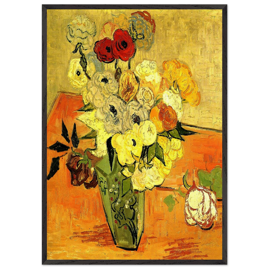 Japanese Vase with Roses and Anemones - Vincent van Gogh 70x100 cm / 28x40 inches Framed Art Print – Black Wooden Frame
