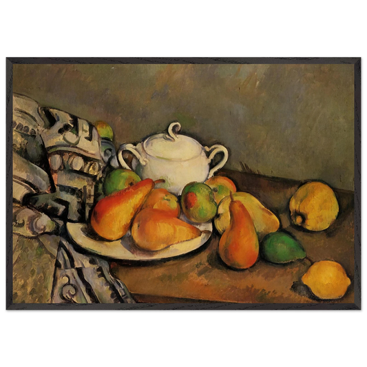 Sugarbowl Pears and Tablecloth - Paul Cezanne 70x100 cm / 28x40 inches Framed Art Print – Black Wooden Frame