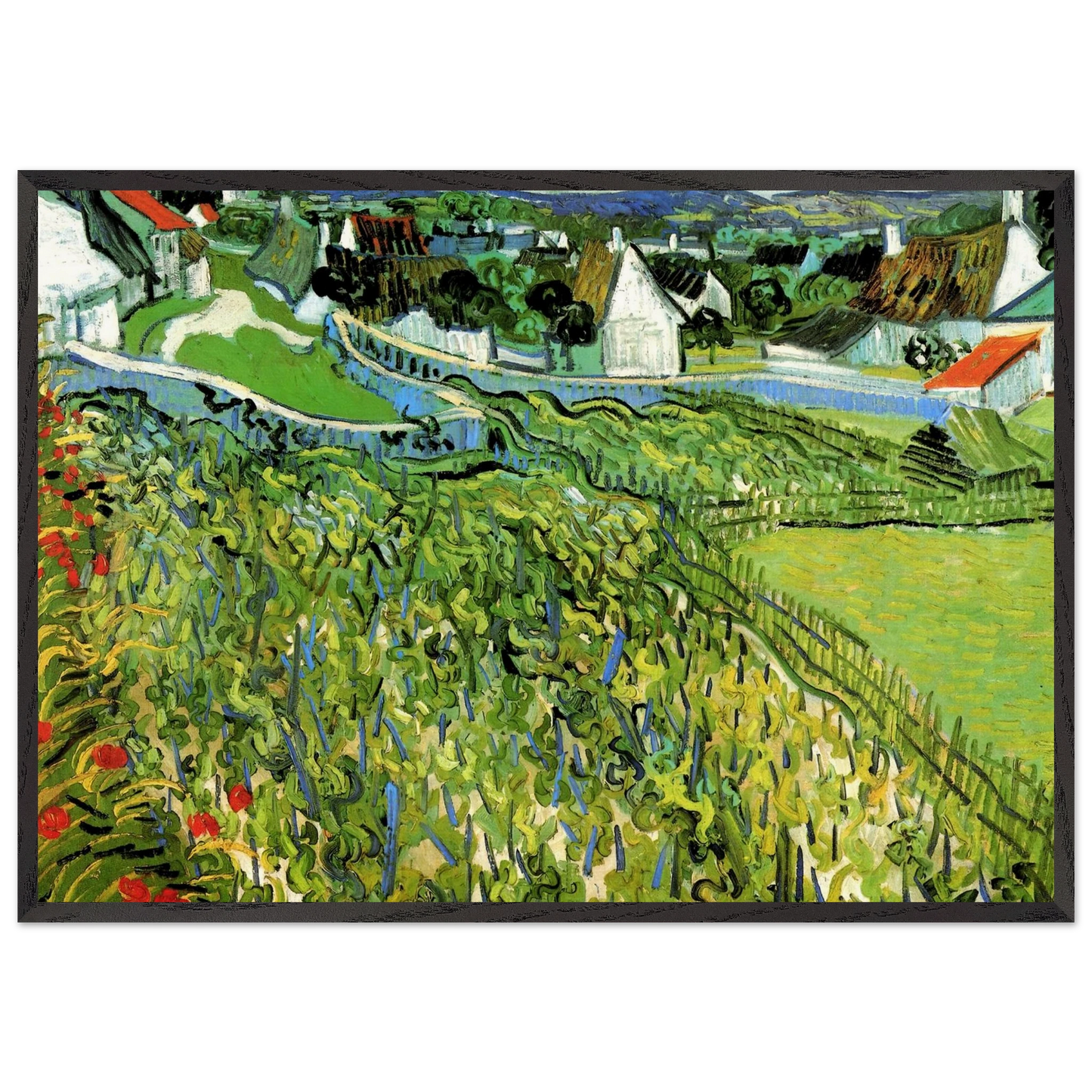 Vineyards with a View of Auvers - Vincent van Gogh 70x100 cm / 28x40 inches Framed Art Print – Black Wooden Frame