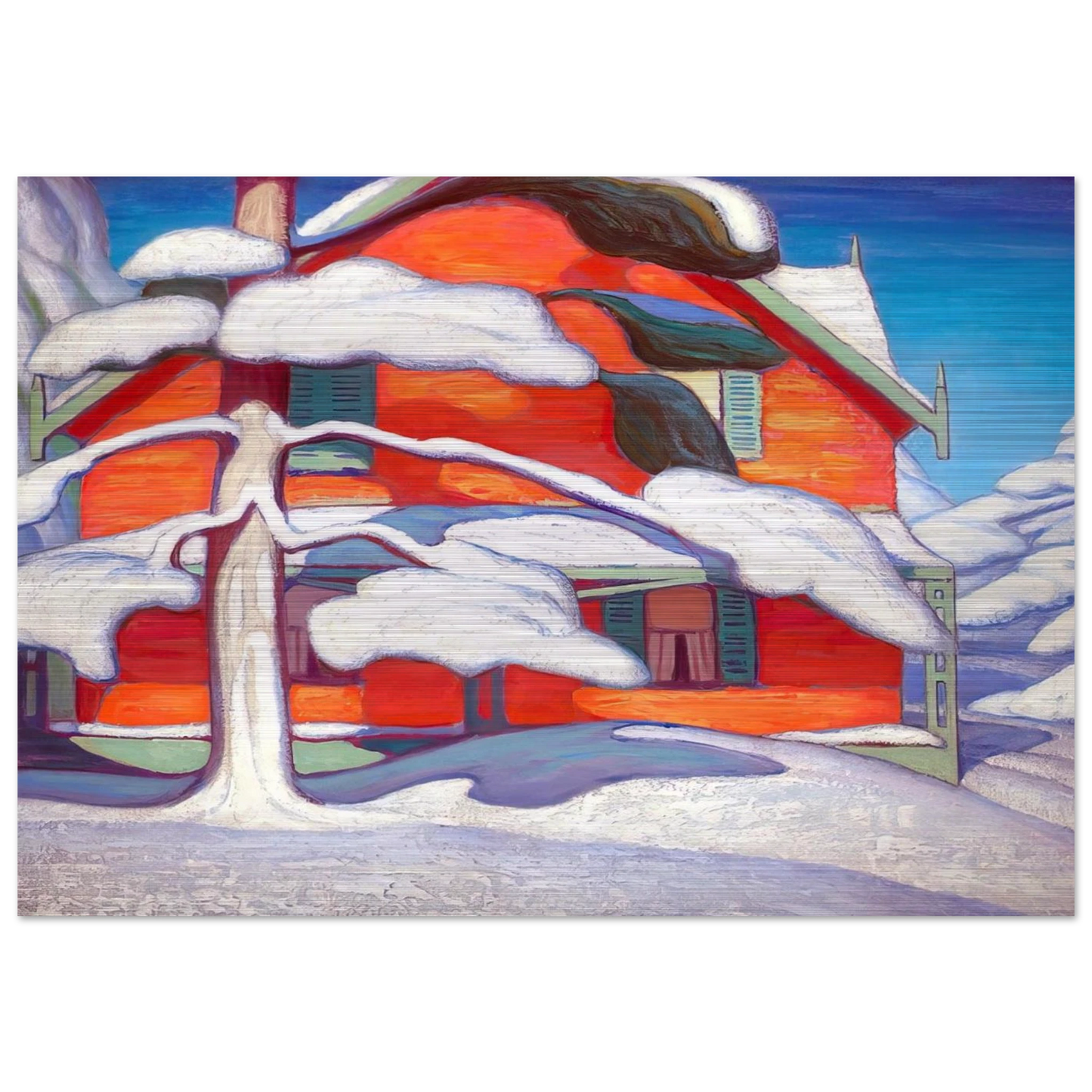 Pine Tree and Red House, Winter City - 1924 - Lawren Harris Brushed Aluminum Print - 70x100 cm / 28x40 inches | Lawren Harris Aluminum Print | Lawren Harris Prints
