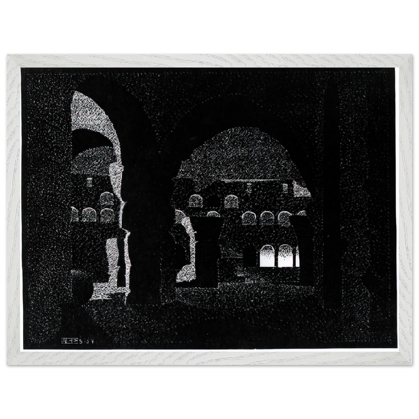 MC Escher - NOCTURNAL ROME COLOSSEUM Wall Art - 30x40 cm / 12x16 inches - Premium Wooden Framed Poster With Fine Art Paper - White frame