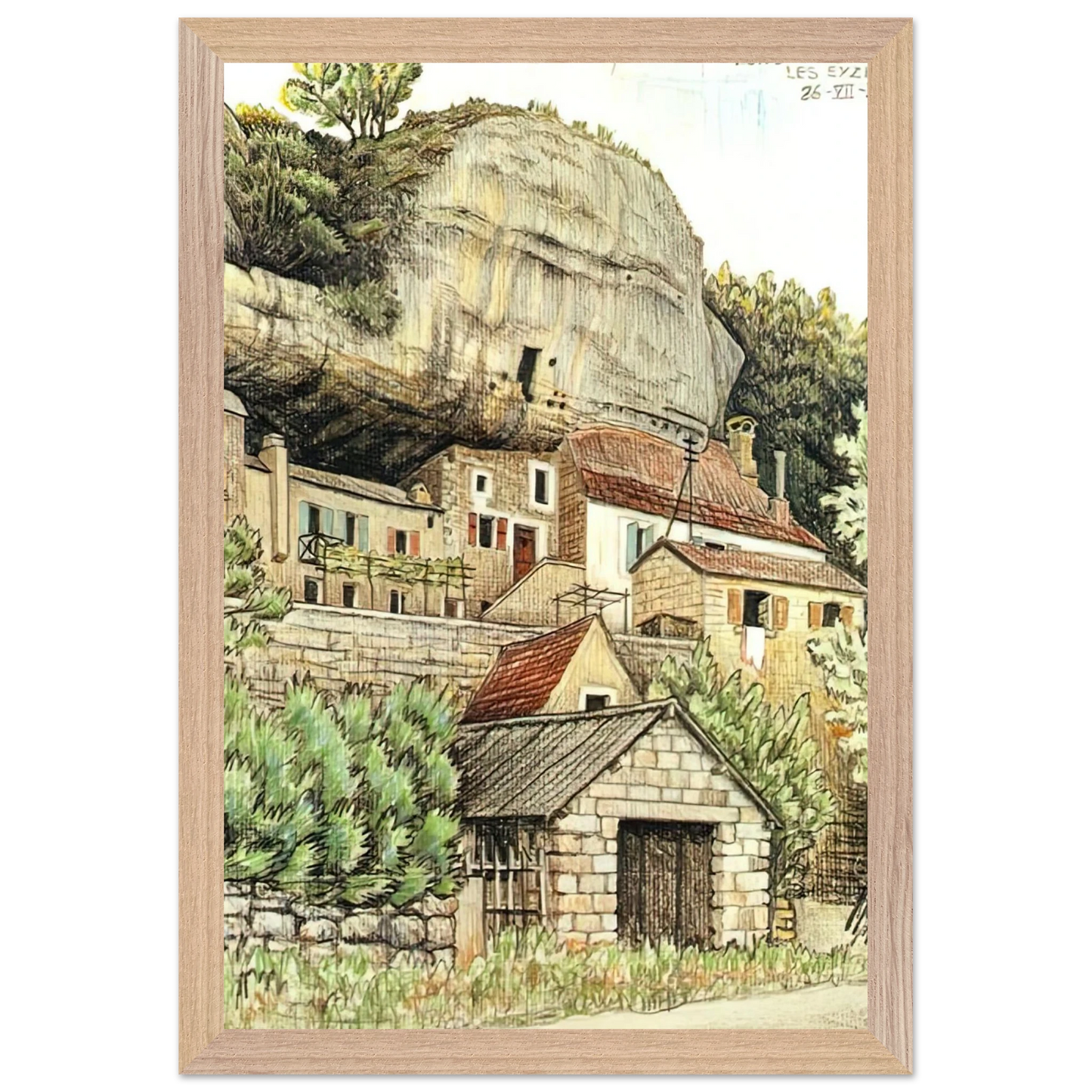 MC Escher - LES EYZIES FRANCE Wall Art - 21x29.7 cm / 8x12" - Premium Wooden Framed Poster With Fine Art Paper-canvas - Wood frame