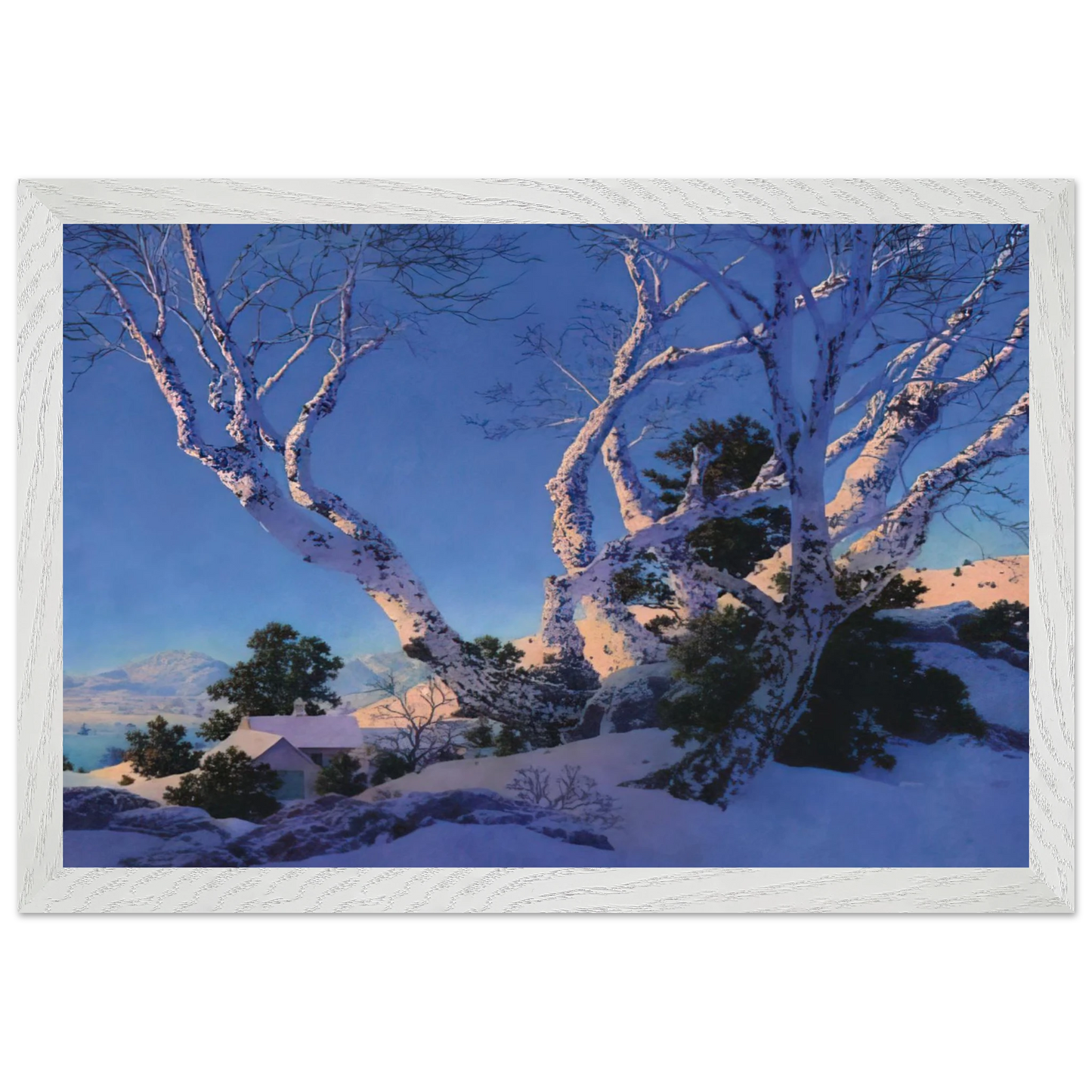 Maxfield Parrish - Birches in Winter Wall Art - 21x29.7 cm / 8x12" - Premium Wooden Framed Poster With Fine Art Paper - White frame