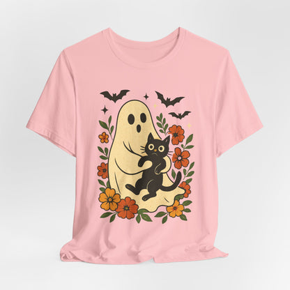 Spooky spookachtige Geest Houdt Zwarte Kat Groovy Bloem Halloween