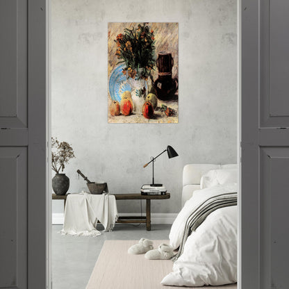 Vase with Flowers, Coffeepot and Fruit - Vincent van Gogh Brushed Aluminum Print - 70x100 cm / 28x40 inches | Vincent van Gogh Aluminum Print | Vincent van Gogh Prints
