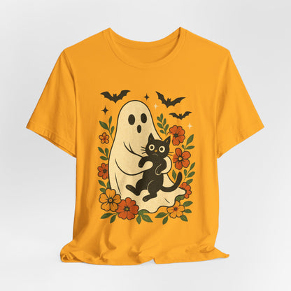 Spooky spookachtige Geest Houdt Zwarte Kat Groovy Bloem Halloween