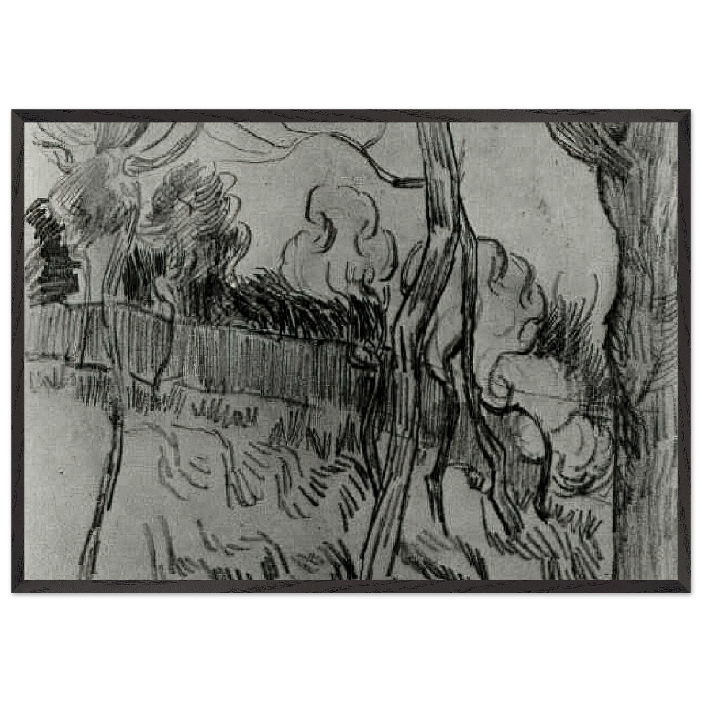 Pine Trees Seen against the Wall of the Asylum - Vincent van Gogh 70x100 cm / 28x40 inches Framed Art Print – Black Wooden Frame
