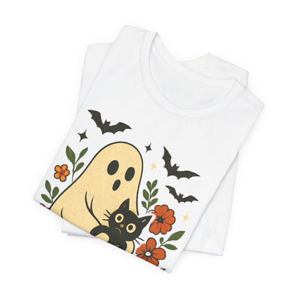 Spooky spookachtige Geest Houdt Zwarte Kat Groovy Bloem Halloween