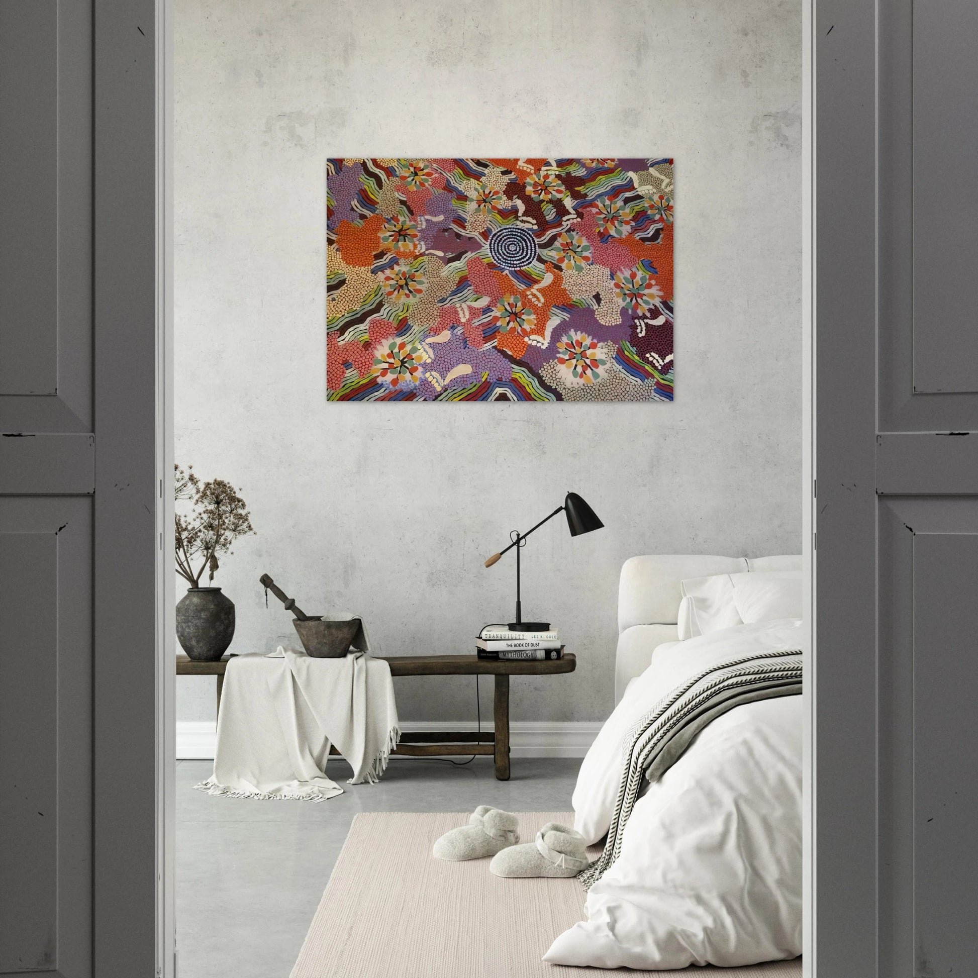 Food Gathering Napparbee - Native Art - Clifford Possum Tjapaltjarri Brushed Aluminum Print - 70x100 cm / 28x40 inches | Clifford Possum Tjapaltjarri Aluminum Print | Clifford Possum Tjapaltjarri Prints