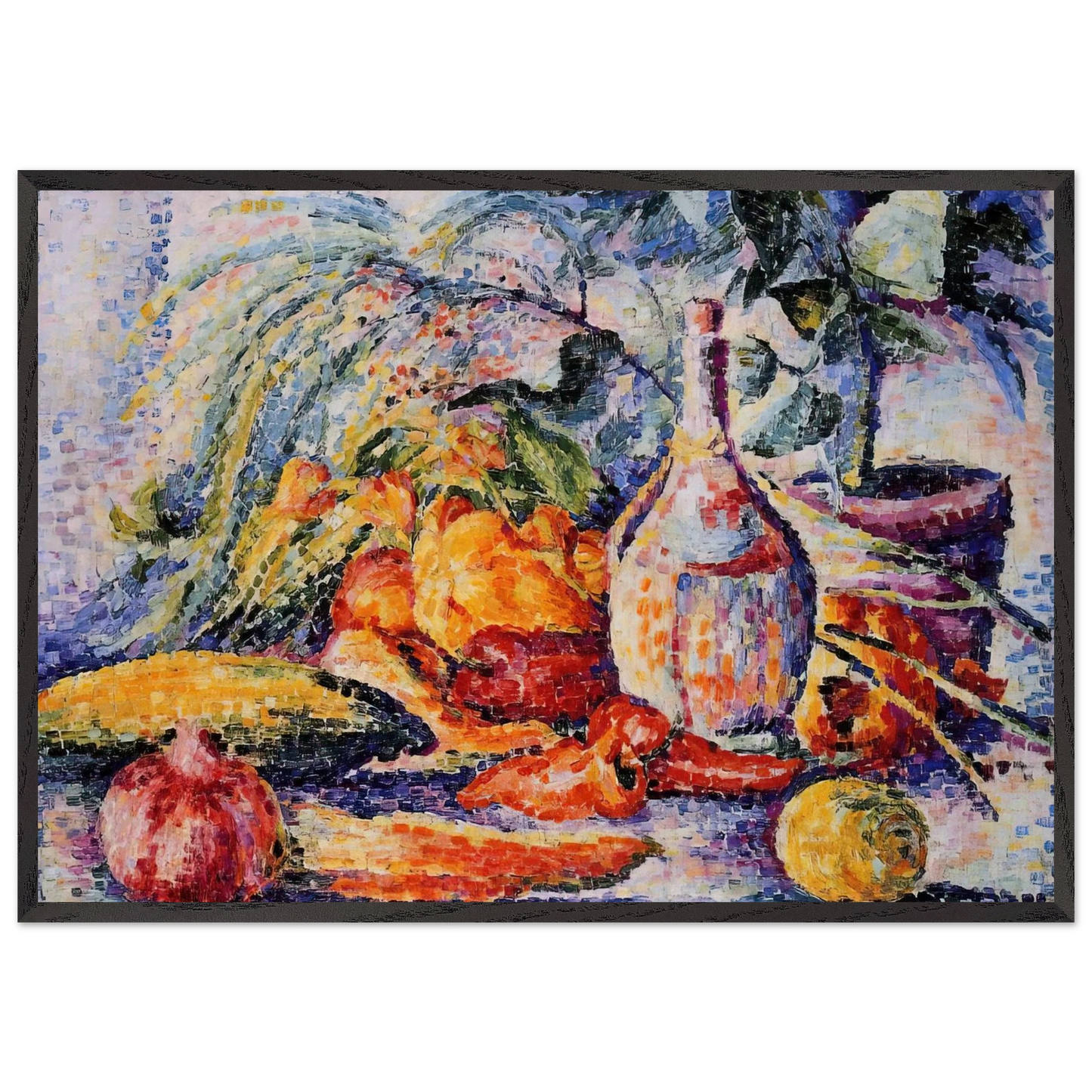Still Life with Bottle of Wine - Henri-Edmond Cross 70x100 cm / 28x40 inches Framed Art Print – Black Wooden Frame