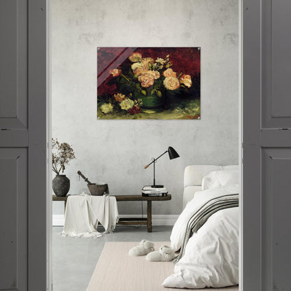 Bowl with Peonies and Roses - Vincent van Gogh Acrylic Print - 70x100 cm / 28x40″ inches | Vincent van Gogh Wall Art | Vincent van Gogh Prints