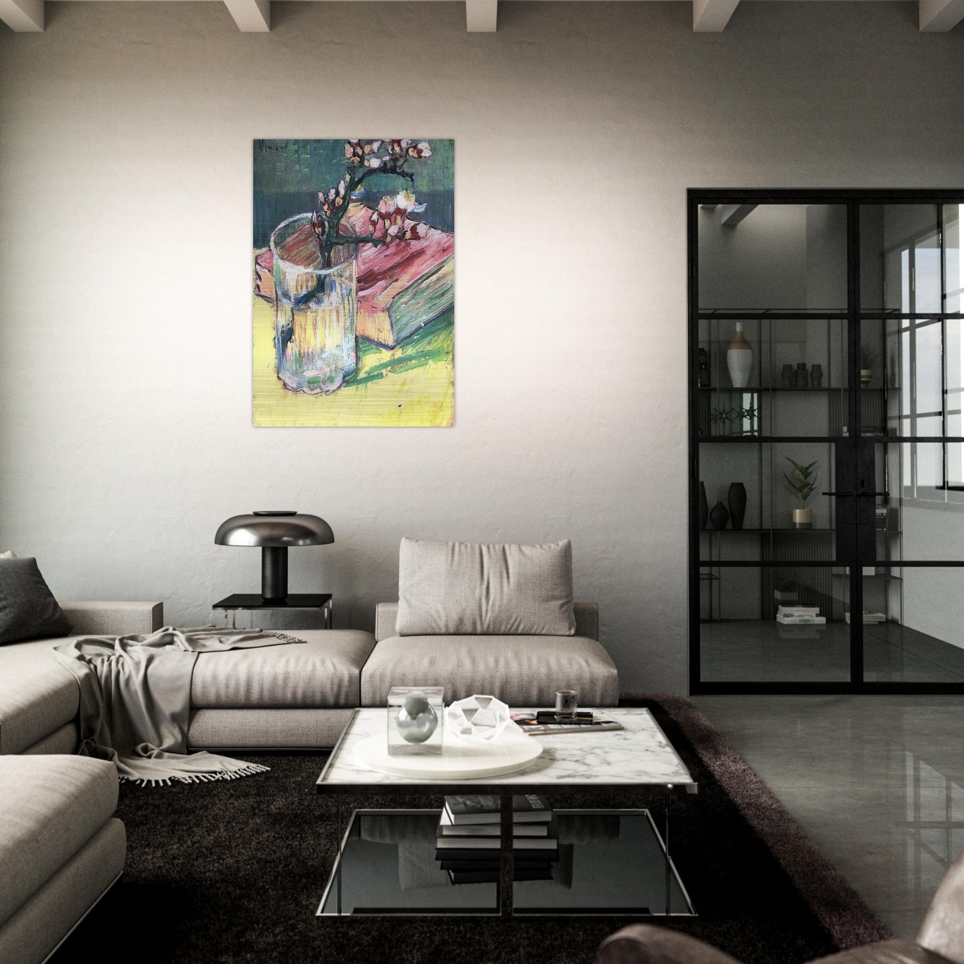 Blossoming Almond Branch in a Glass with a Book - Vincent van Gogh Brushed Aluminum Print - 70x100 cm / 28x40 inches | Vincent van Gogh Aluminum Print | Vincent van Gogh Prints
