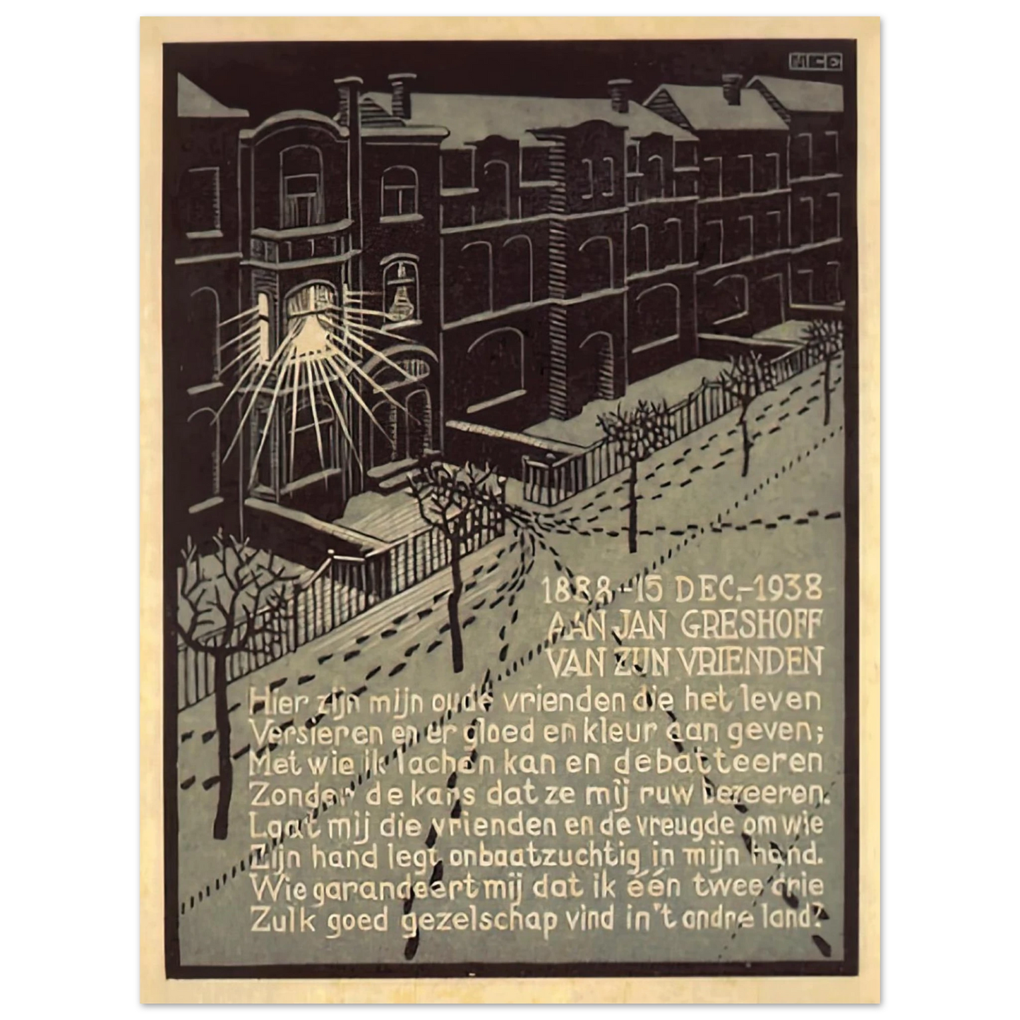 MC Escher - BIRTHDAY CARD FOR G GERSHOFF NOVEMBER 1938 1938 Wall Art - 21x29.7 cm / 8x12" - Fine Art Poster - -