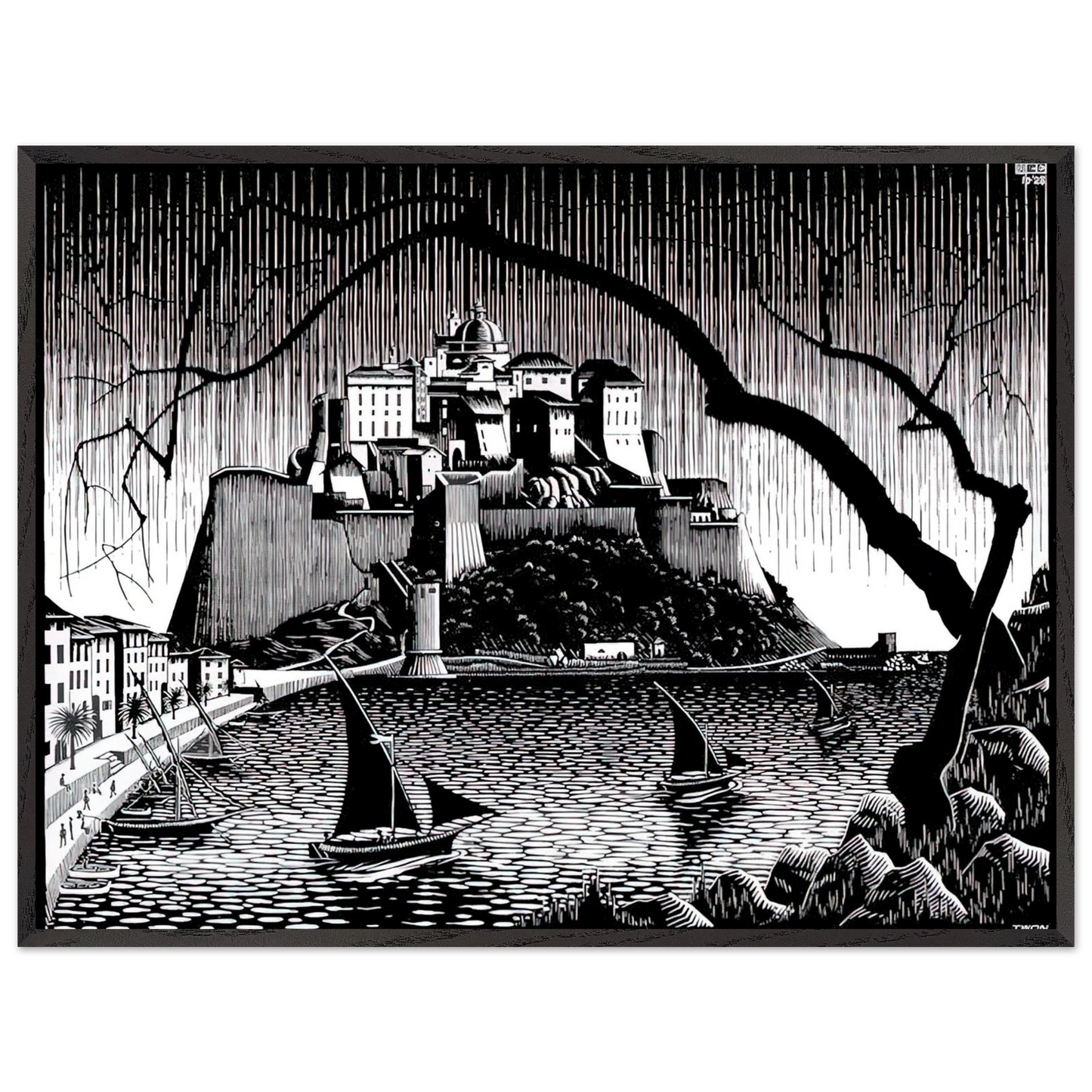 MC Escher - CITADEL OF CALVI CORSICA Wall Art - 21x29.7 cm / 8x12" - Premium Wooden Framed Poster With Fine Art Paper - White frame