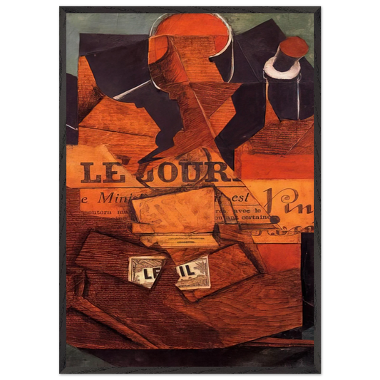 TOBACCO NEWSPAPER AND BOTTLE OF WINE 1914 - Juan Gris 70x100 cm / 28x40 inches Framed Art Print – Black Wooden Frame