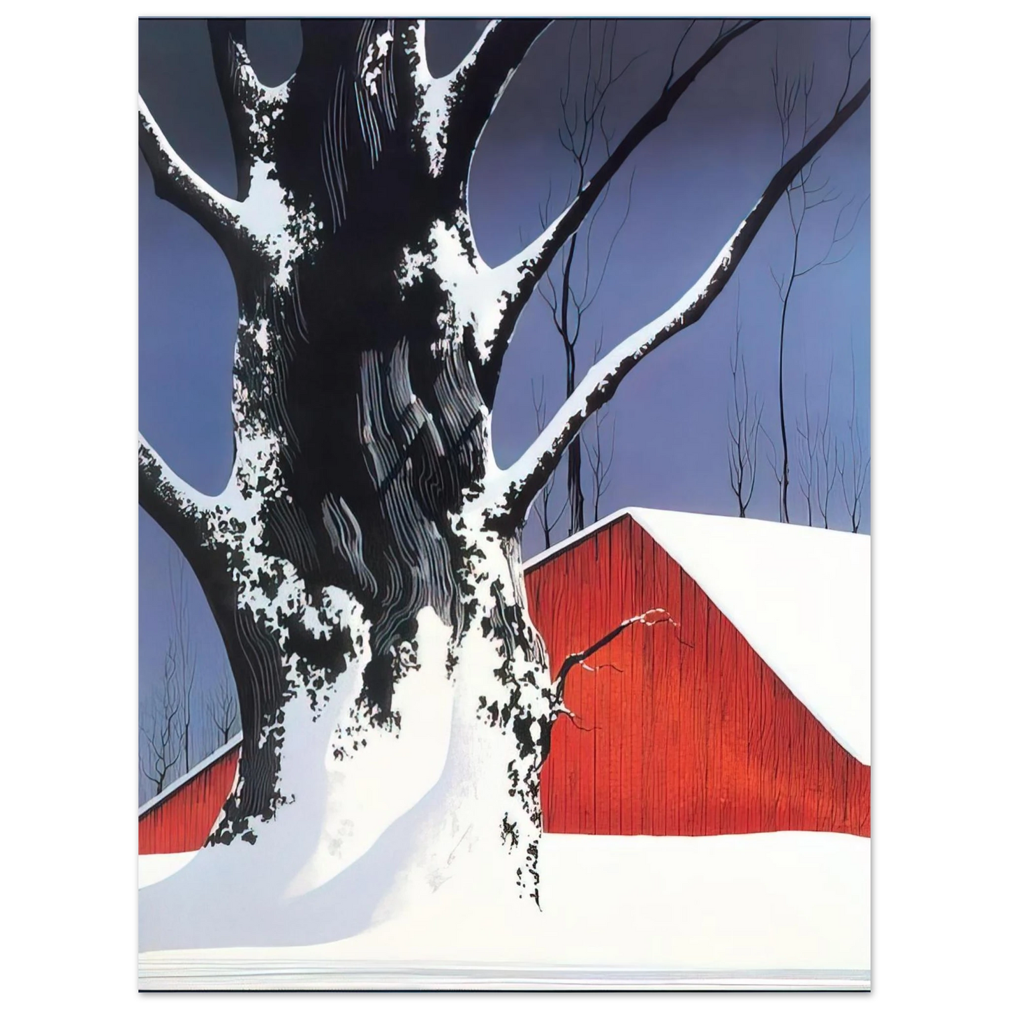 Eyvind Earle - Red Barn and Tree Snow  75x100 cm / 30x40inches Fine Art Poster