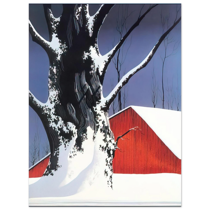 Eyvind Earle - Red Barn and Tree Snow  75x100 cm / 30x40inches Fine Art Poster