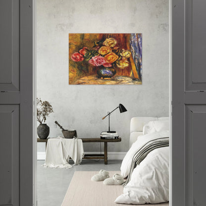 Roses in front of a blue curtain - Pierre-Auguste Renoir Brushed Aluminum Print - 70x100 cm / 28x40 inches | Pierre-Auguste Renoir Aluminum Print | Pierre-Auguste Renoir Prints