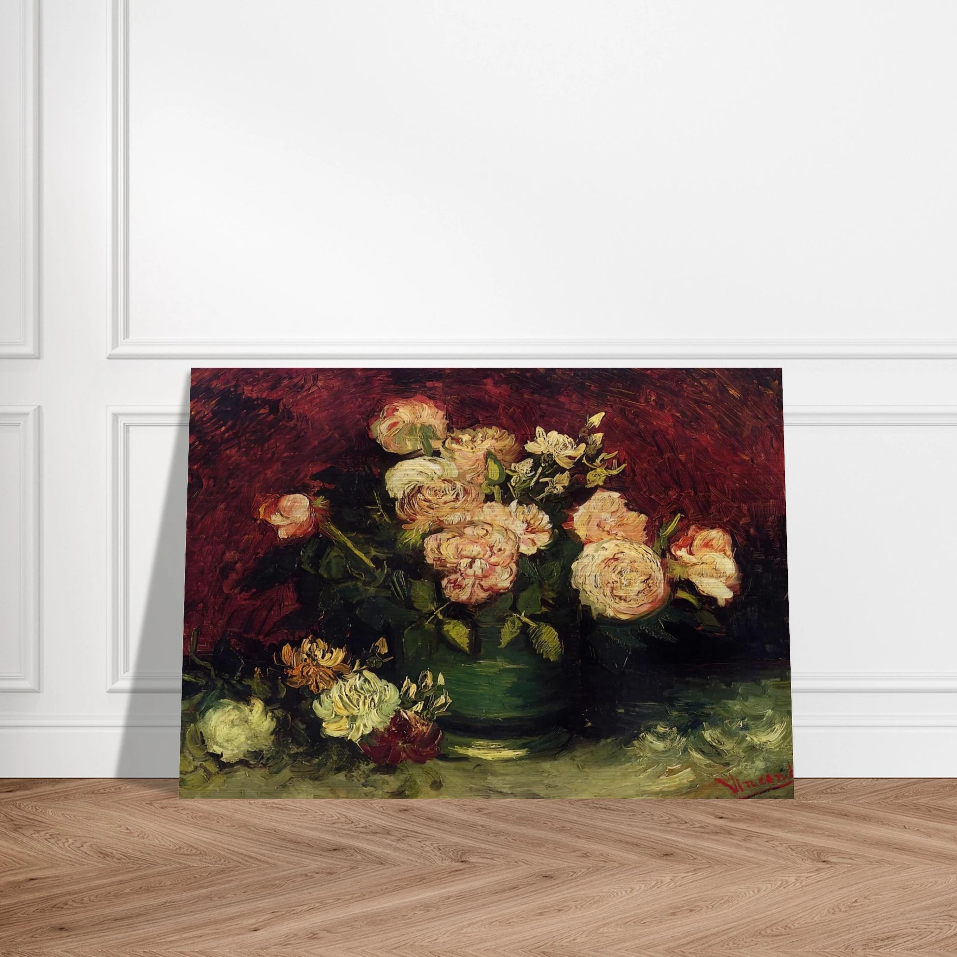 Bowl with Peonies and Roses - Vincent van Gogh Brushed Aluminum Print - 70x100 cm / 28x40 inches | Vincent van Gogh Aluminum Print | Vincent van Gogh Prints