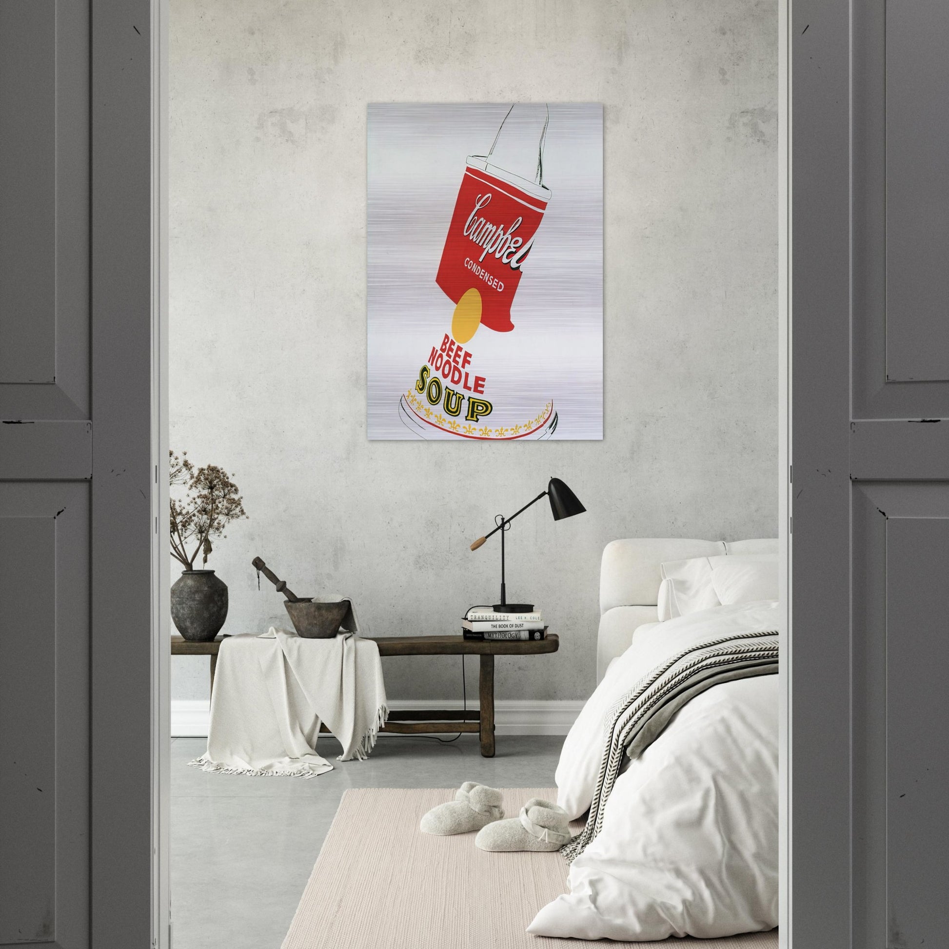 Crushed Campbell's Soup Can  Beef Noodle  - Andy Warhol Brushed Aluminum Print - 70x100 cm / 28x40 inches | Andy Warhol Aluminum Print | Andy Warhol Prints