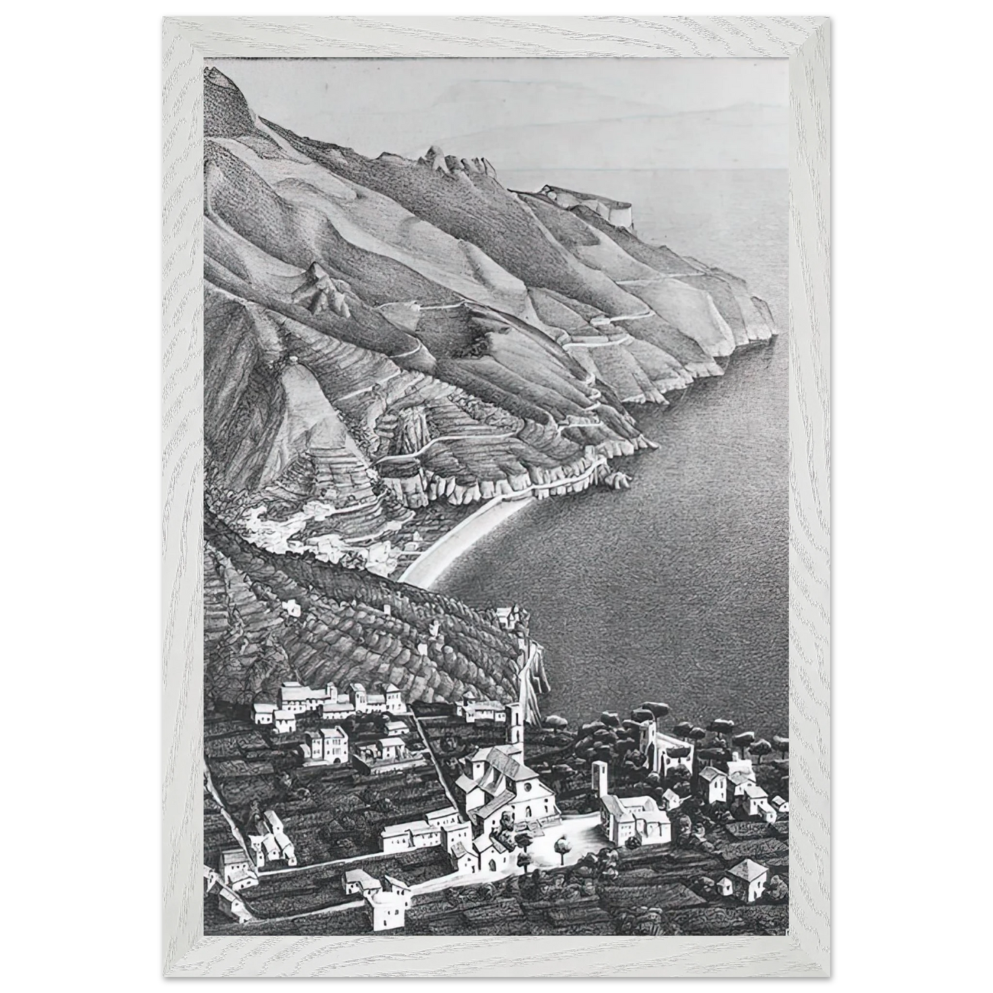MC Escher - RAVELLO AND THE COAST OF AMALFI Wall Art - 30x40 cm / 12x16 inches - Premium Wooden Framed Poster With Fine Art Paper-canvas - White frame