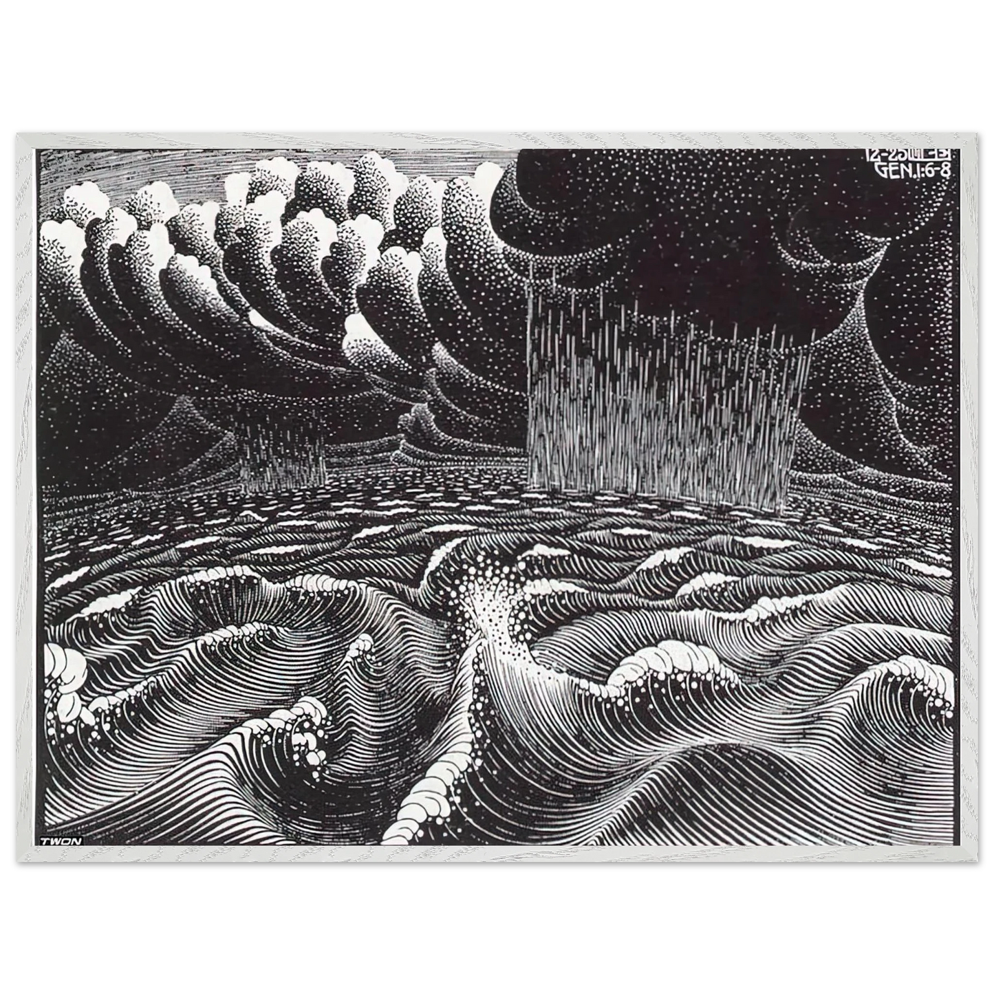 MC Escher - THE 2ND DAY OF THE CREATION Wall Art - 60x80 cm / 24x32 inches - Premium Wooden Framed Poster With Fine Art Paper-canvas - White frame
