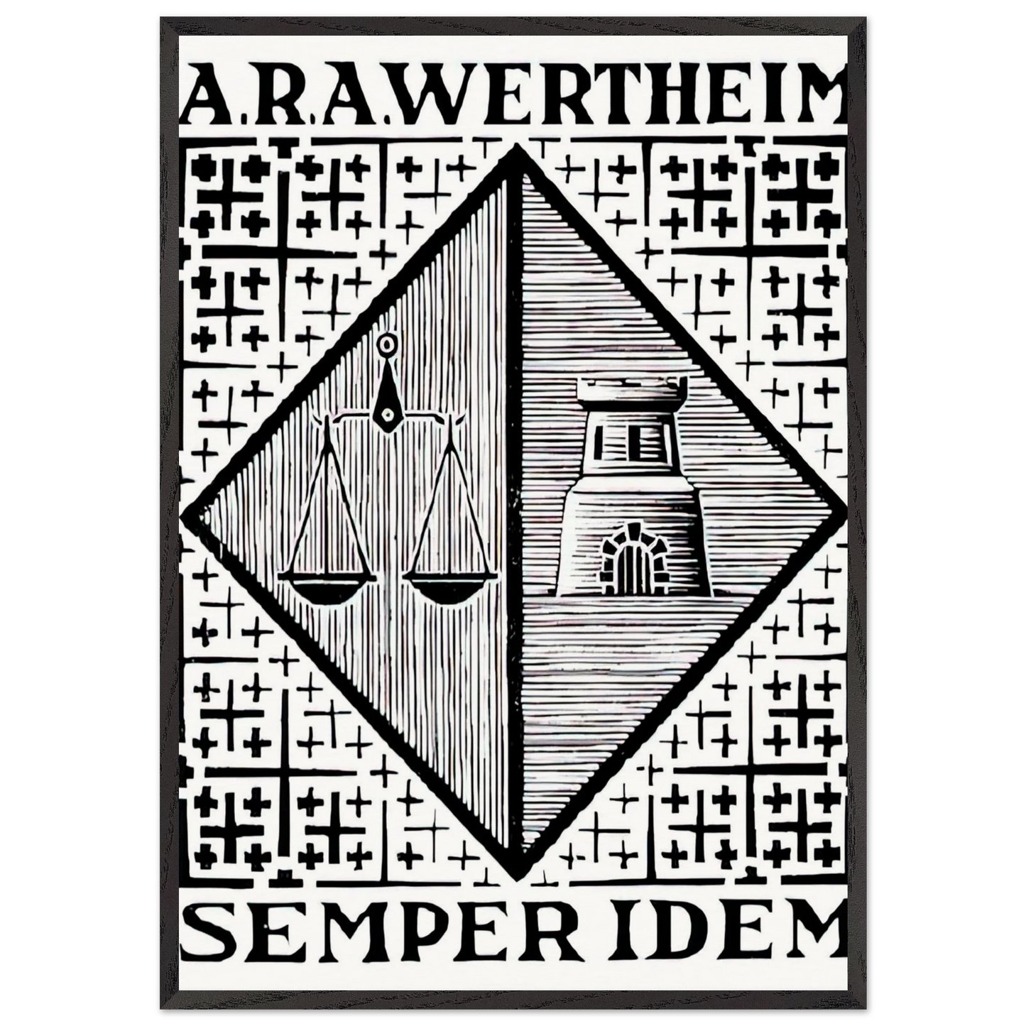 BOOKPLATE A R A WERTHEIM - MC Escher 70x100 cm / 28x40 inches Framed Art Print – Black Wooden Frame | Maurits Cornelis Escher Prints