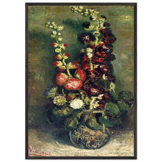 Vase of Hollyhocks - Vincent van Gogh 70x100 cm / 28x40 inches Framed Art Print – Black Wooden Frame