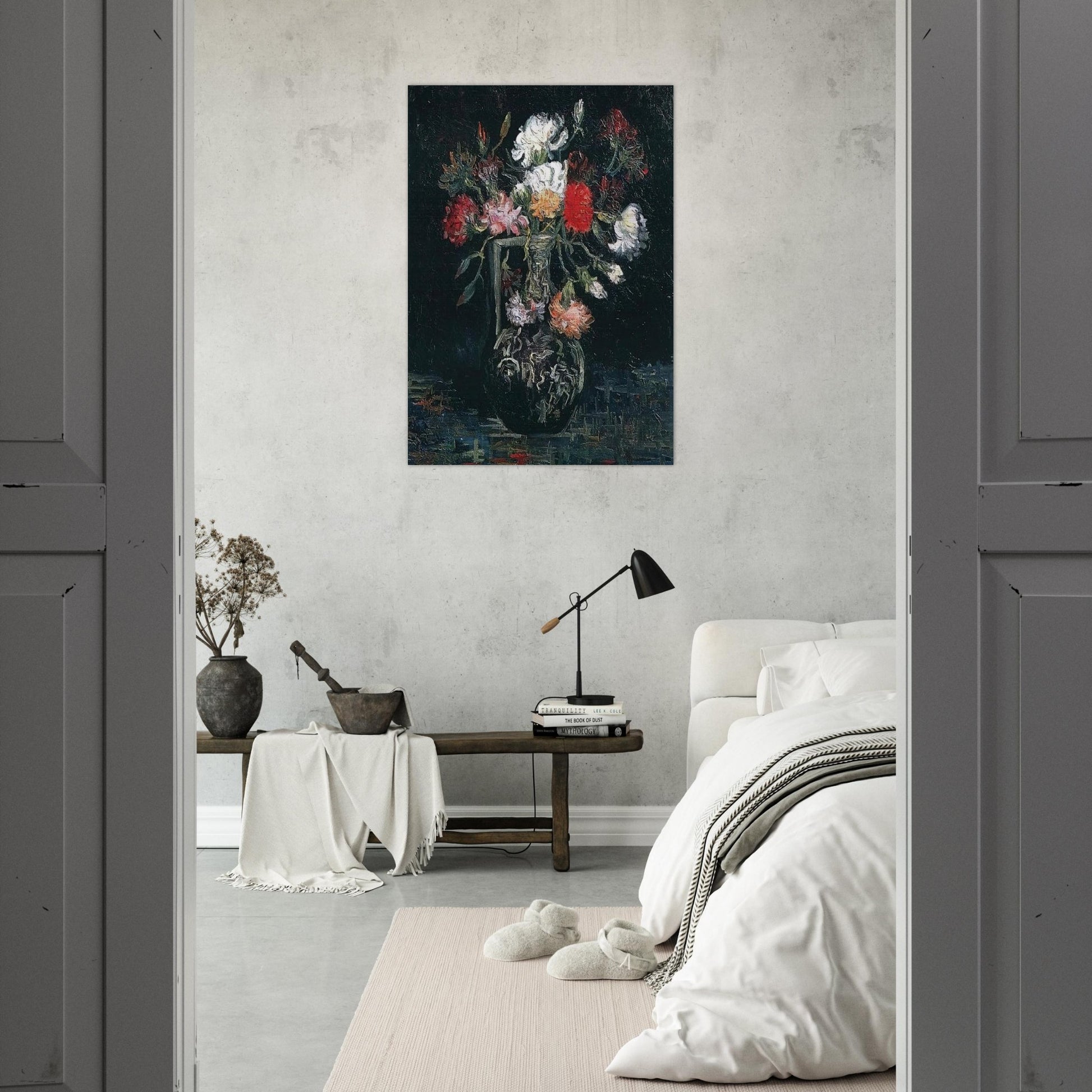 Vase with White and Red Carnations - Vincent van Gogh Brushed Aluminum Print - 70x100 cm / 28x40 inches | Vincent van Gogh Aluminum Print | Vincent van Gogh Prints