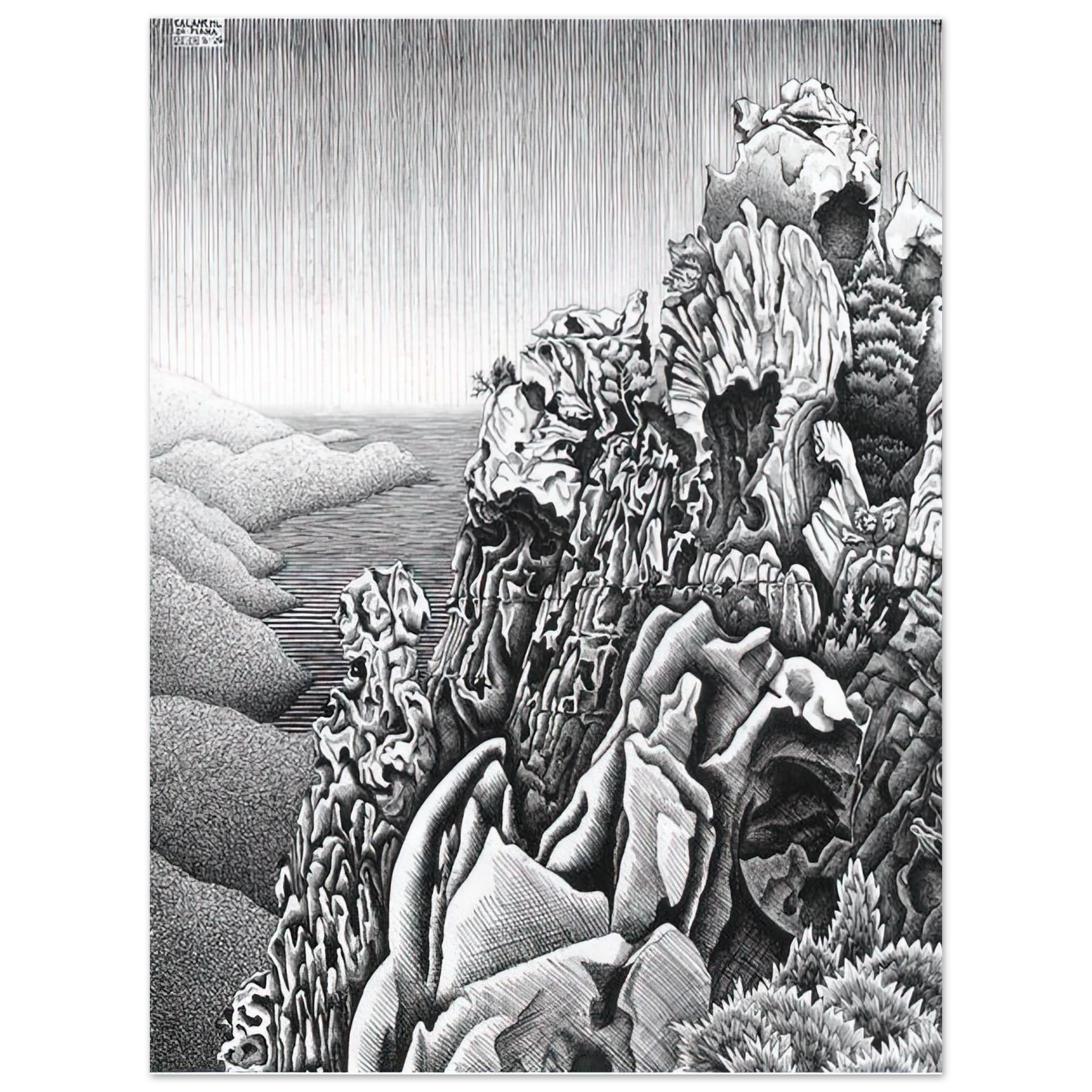 MC Escher - CALANQUES DE PIANA Wall Art - 21x29.7 cm / 8x12" - Premium Wooden Framed Poster With Fine Art Paper-canvas - Wood frame