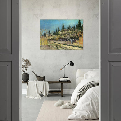 Orchard in Blossom, Bordered by Cypresses - Vincent van Gogh Brushed Aluminum Print - 70x100 cm / 28x40 inches | Vincent van Gogh Aluminum Print | Vincent van Gogh Prints