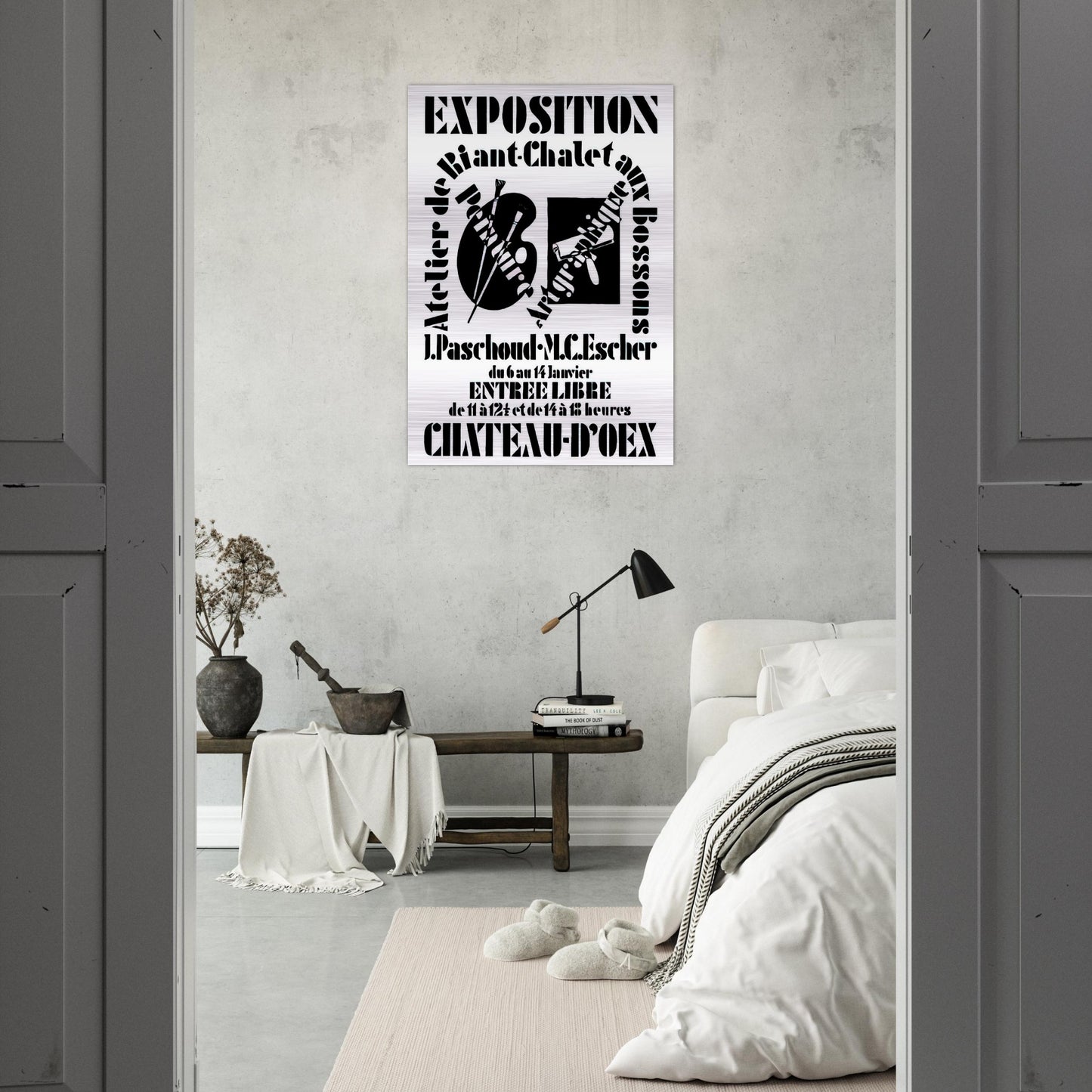 POSTER FOR EXHIBITION JOHN PASCHOUD AND M C ESCHER DECEMBER 1936 1936 - MC Escher Brushed Aluminum Print - 70x100 cm / 28x40 inches | MC Escher Aluminum Print | MC Escher Prints