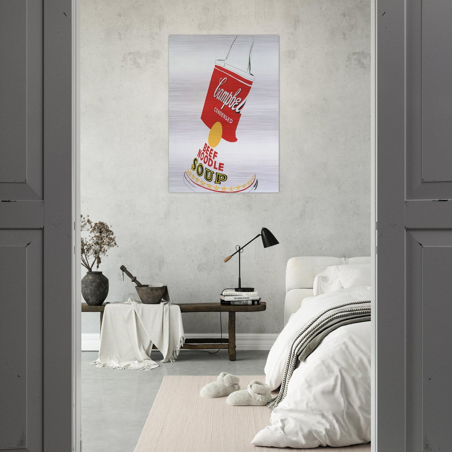 Crushed Campbell's Soup Can  Beef Noodle  - Andy Warhol Brushed Aluminum Print - 70x100 cm / 28x40 inches | Andy Warhol Aluminum Print | Andy Warhol Prints