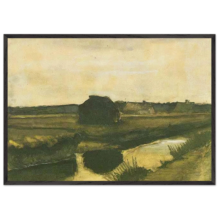 Landscape with a Stack of Peat and Farmhouses - Vincent van Gogh 70x100 cm / 28x40 inches Framed Art Print – Black Wooden Frame