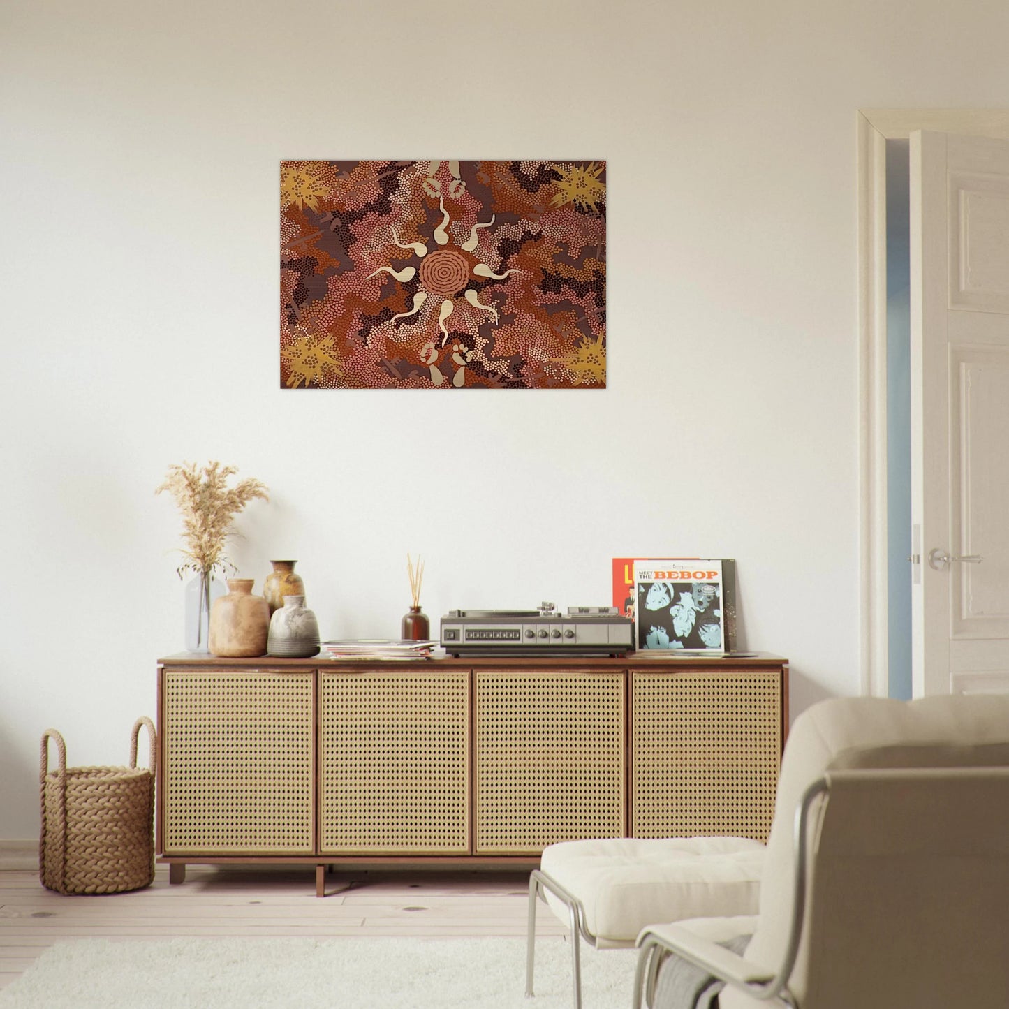 Bush Tucker and Kangaroo Dreaming at Mount Denison - 1993 - Clifford Possum Tjapaltjarri Brushed Aluminum Print - 70x100 cm / 28x40 inches | Clifford Possum Tjapaltjarri Aluminum Print | Clifford Possum Tjapaltjarri Prints