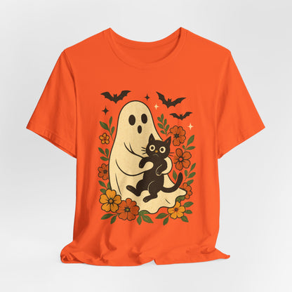Spooky spookachtige Geest Houdt Zwarte Kat Groovy Bloem Halloween
