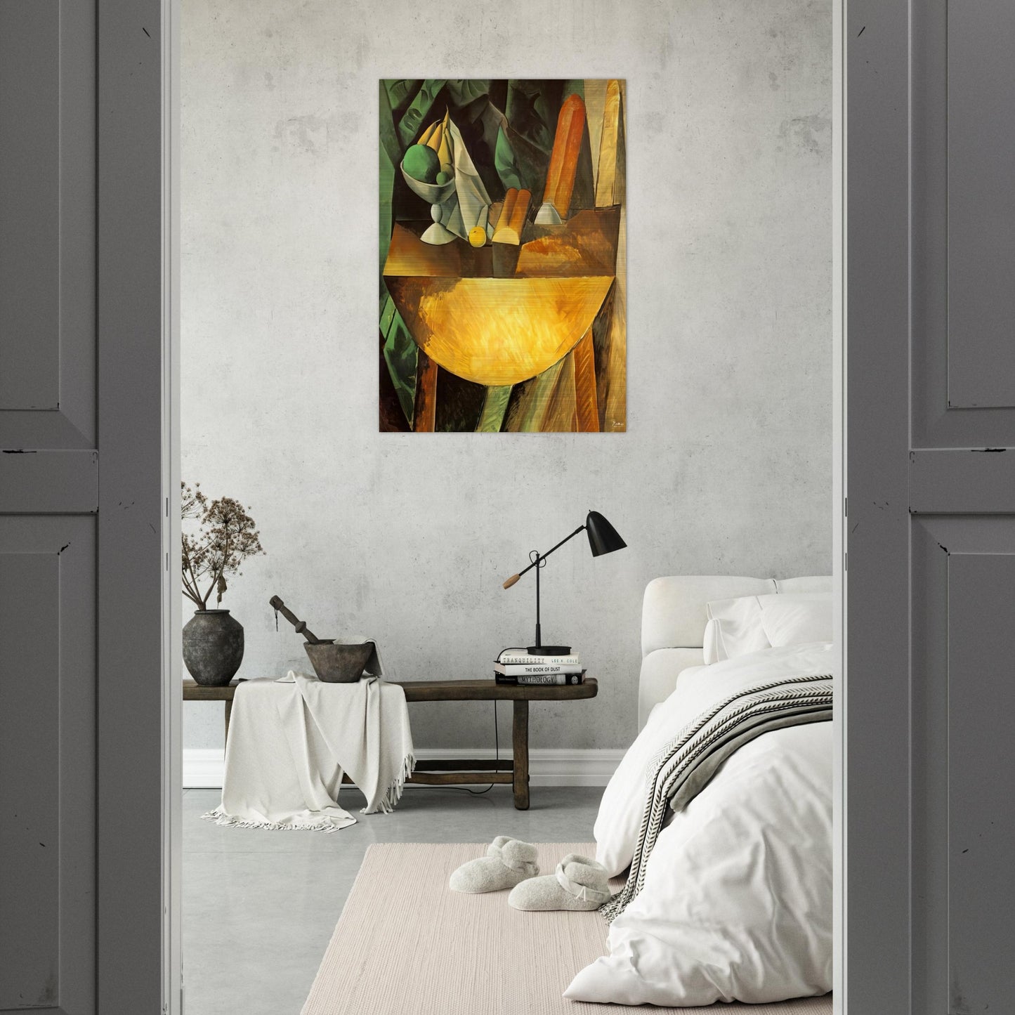 Bread and dish with fruits on the table - Pablo Picasso Brushed Aluminum Print - 70x100 cm / 28x40 inches | Pablo Picasso Aluminum Print | Pablo Picasso Prints